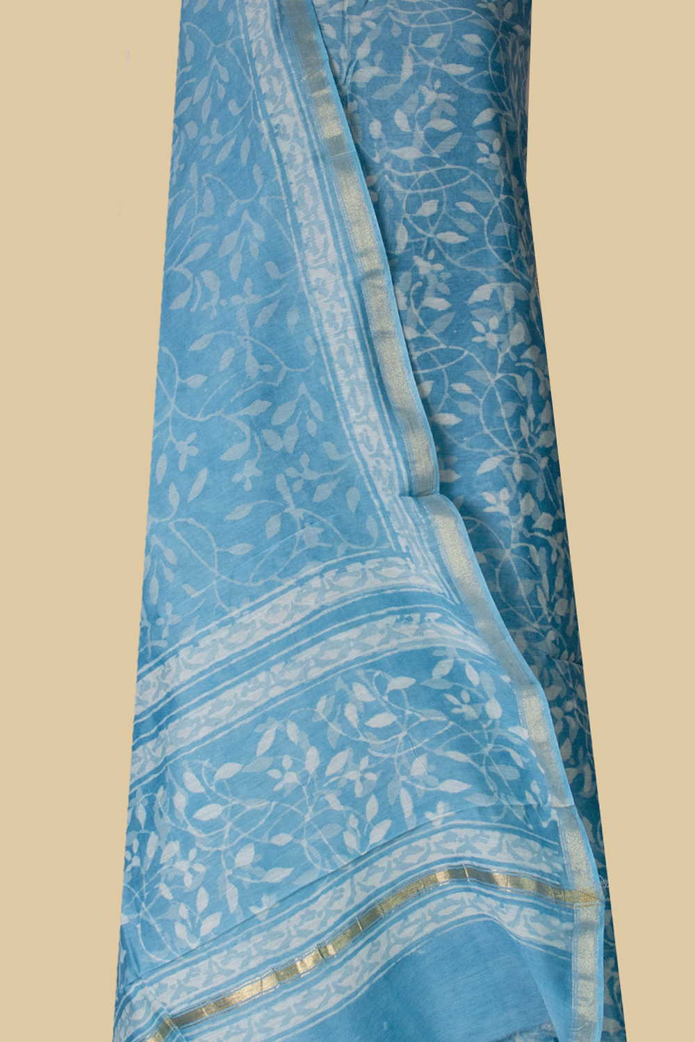 Leafy Floral - Blue Chanderi Silk Cotton Top & Dupatta - Image 2