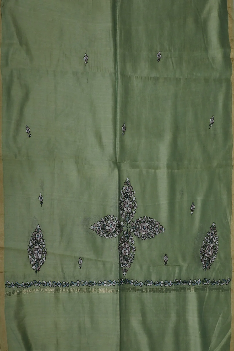 Light Green Hand Embroidered Chanderi Dupatta - Image 3