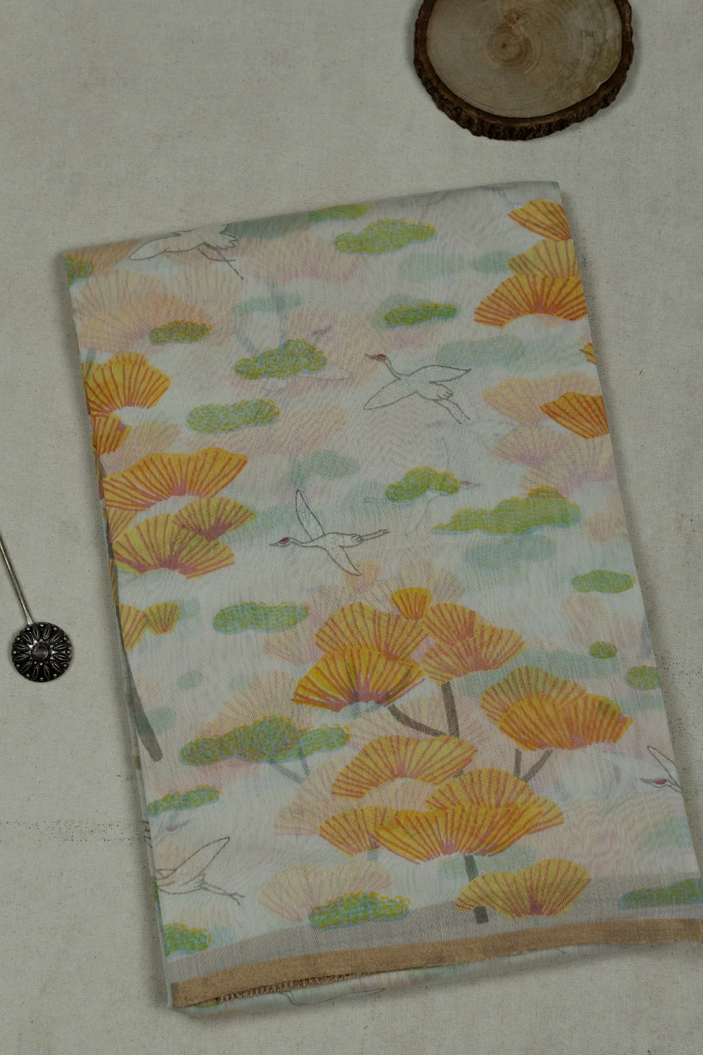 Designer Swans on Off-White Chanderi Silk Cotton Saree