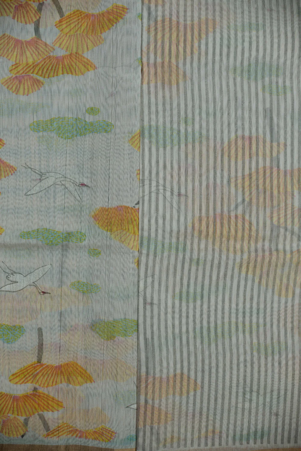 Designer Swans on Off-White Chanderi Silk Cotton Saree - Image 4