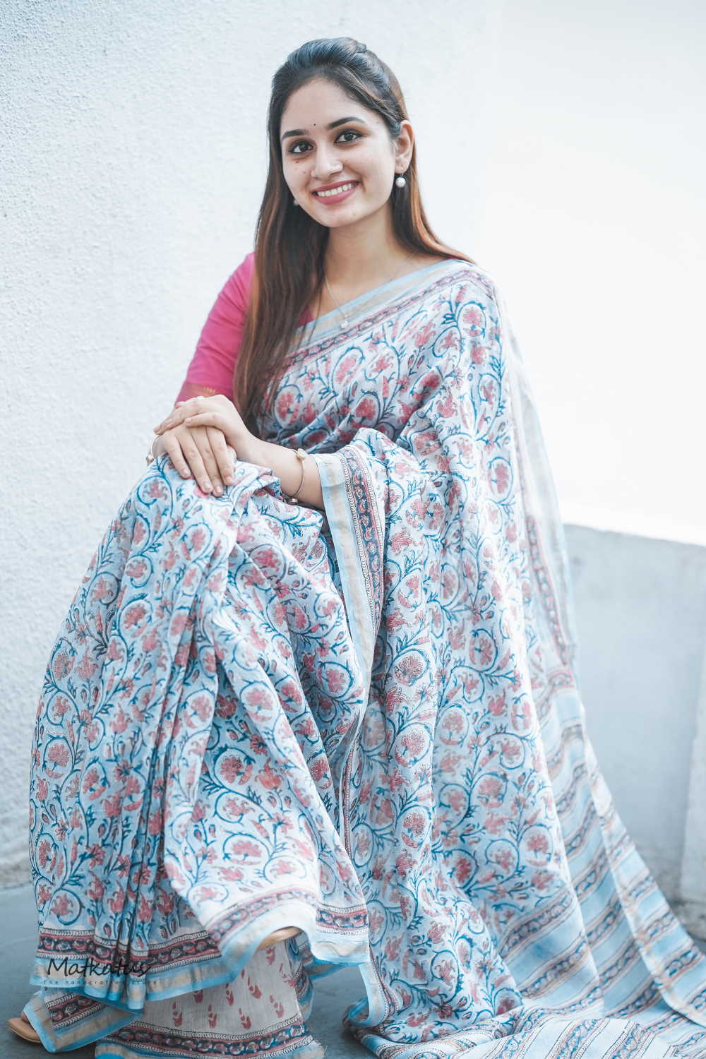 Smudged Blue Chanderi Silk Cotton saree - Image 3