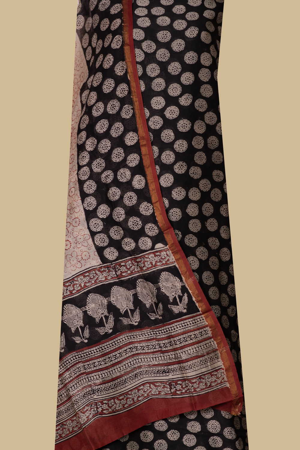 Motifs on Black Chanderi Silk Cotton Suit - Image 2