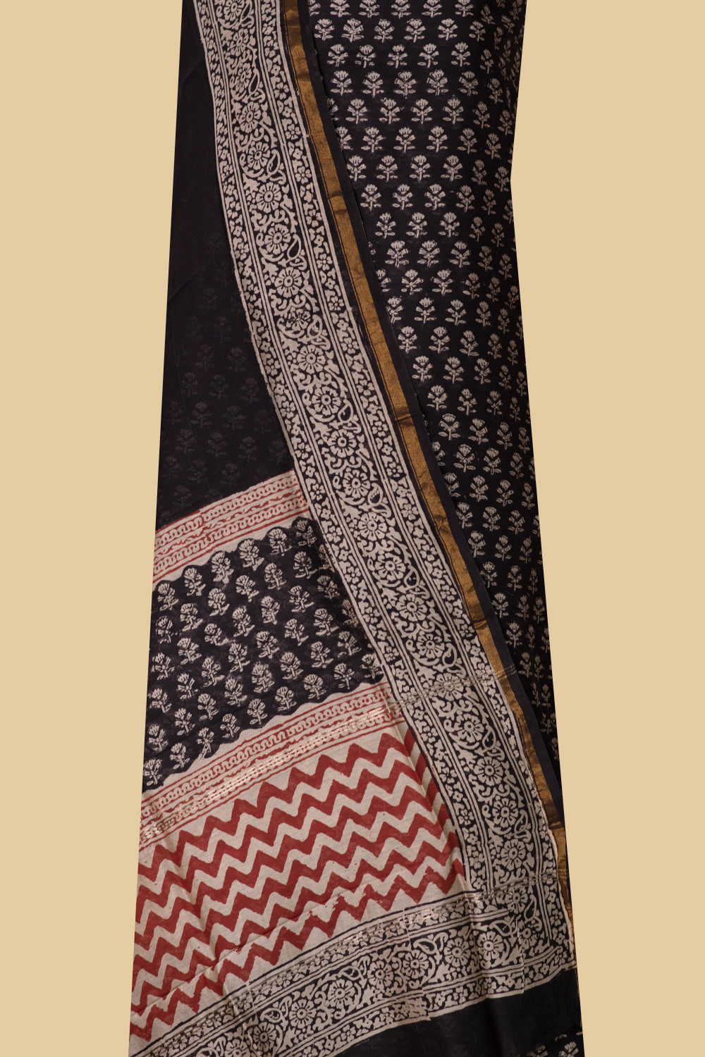 Flower Motifs on Black Chanderi Silk Cotton Suit - Image 2