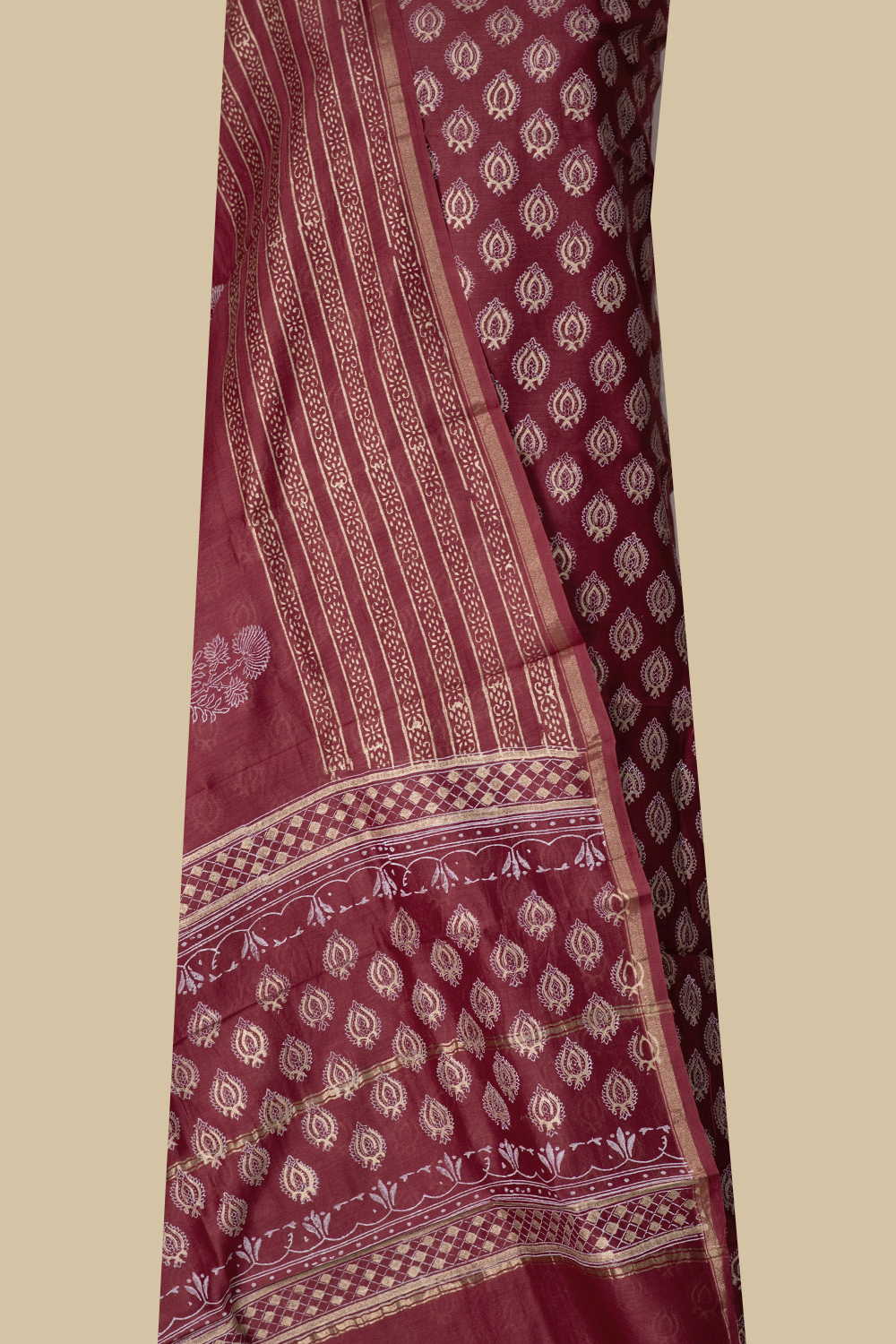 Moifs on Maroon Chanderi Silk Cotton Suit - Image 2