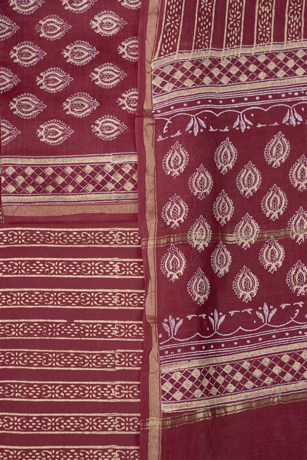 Moifs on Maroon Chanderi Silk Cotton Suit - Image 3