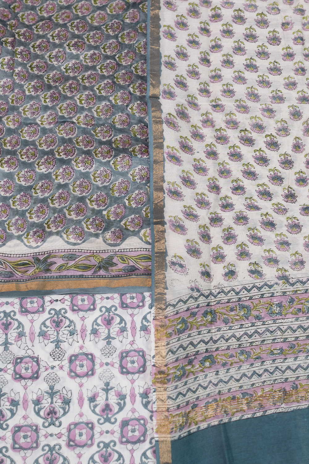 Pink Florets on Grey Chanderi Silk Cotton Suit - Image 3
