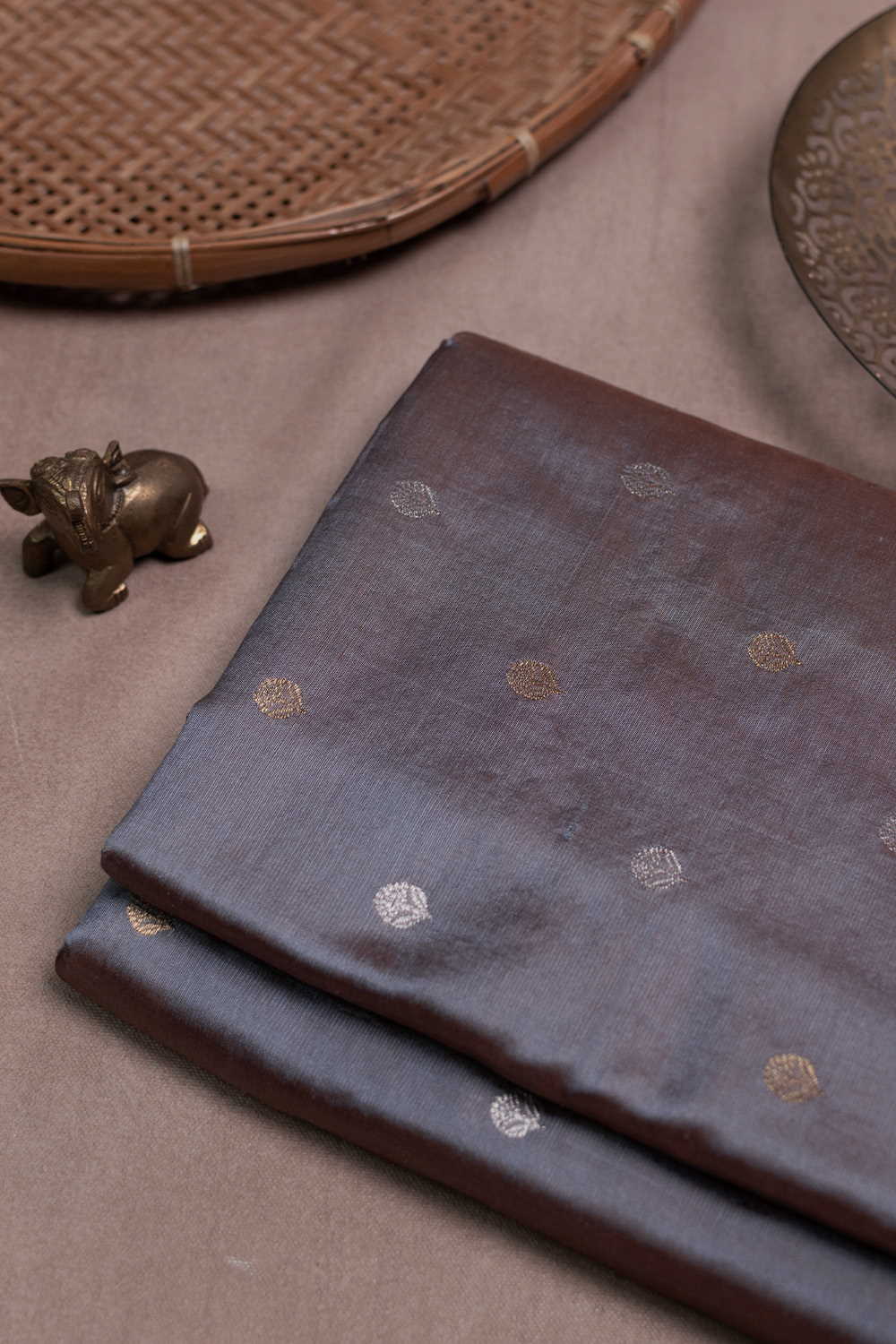 Shimmer Grey with Zari Buttas Chanderi Silk Fabric - Image 3