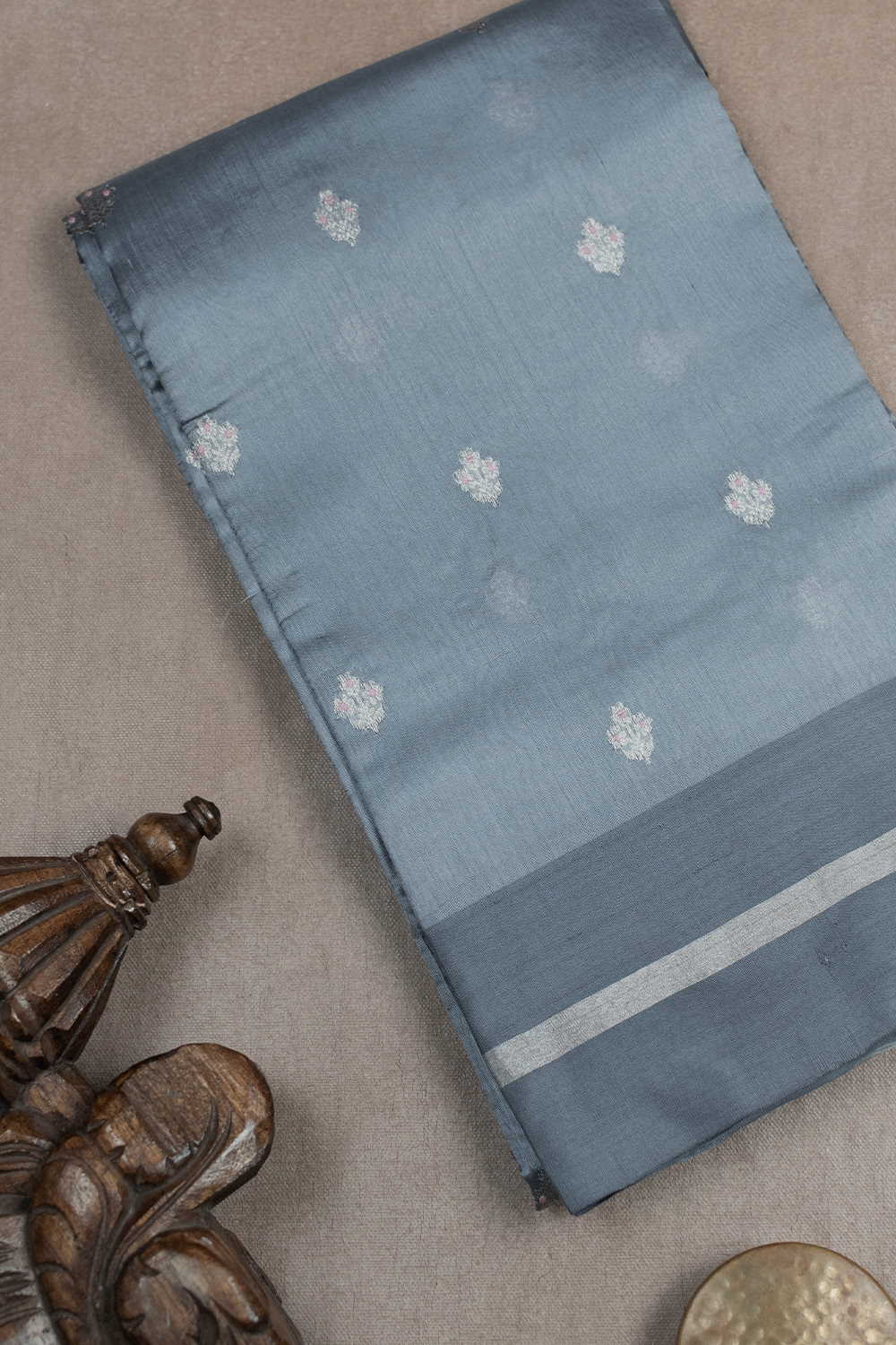 Silver Zari Butta on Grey Chanderi Silk saree