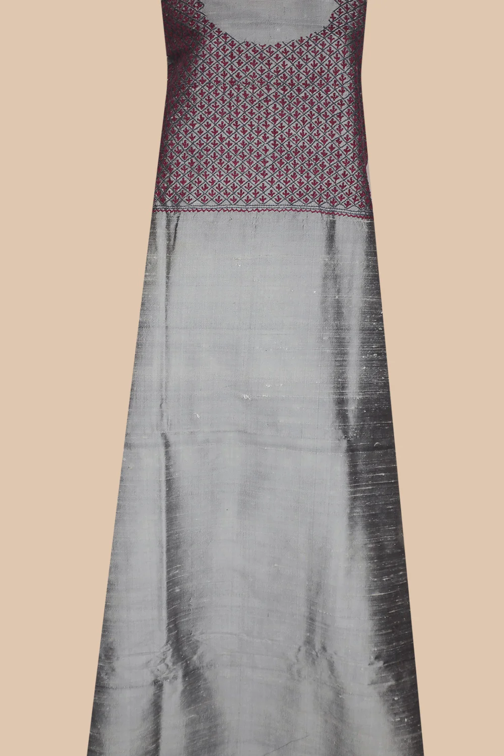 Pink Florals on Grey Chikankari Raw Silk Kurta Fabric
