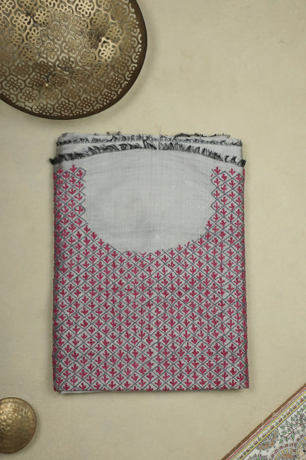 Pink Florals on Grey Chikankari Raw Silk Kurta Fabric - Image 2