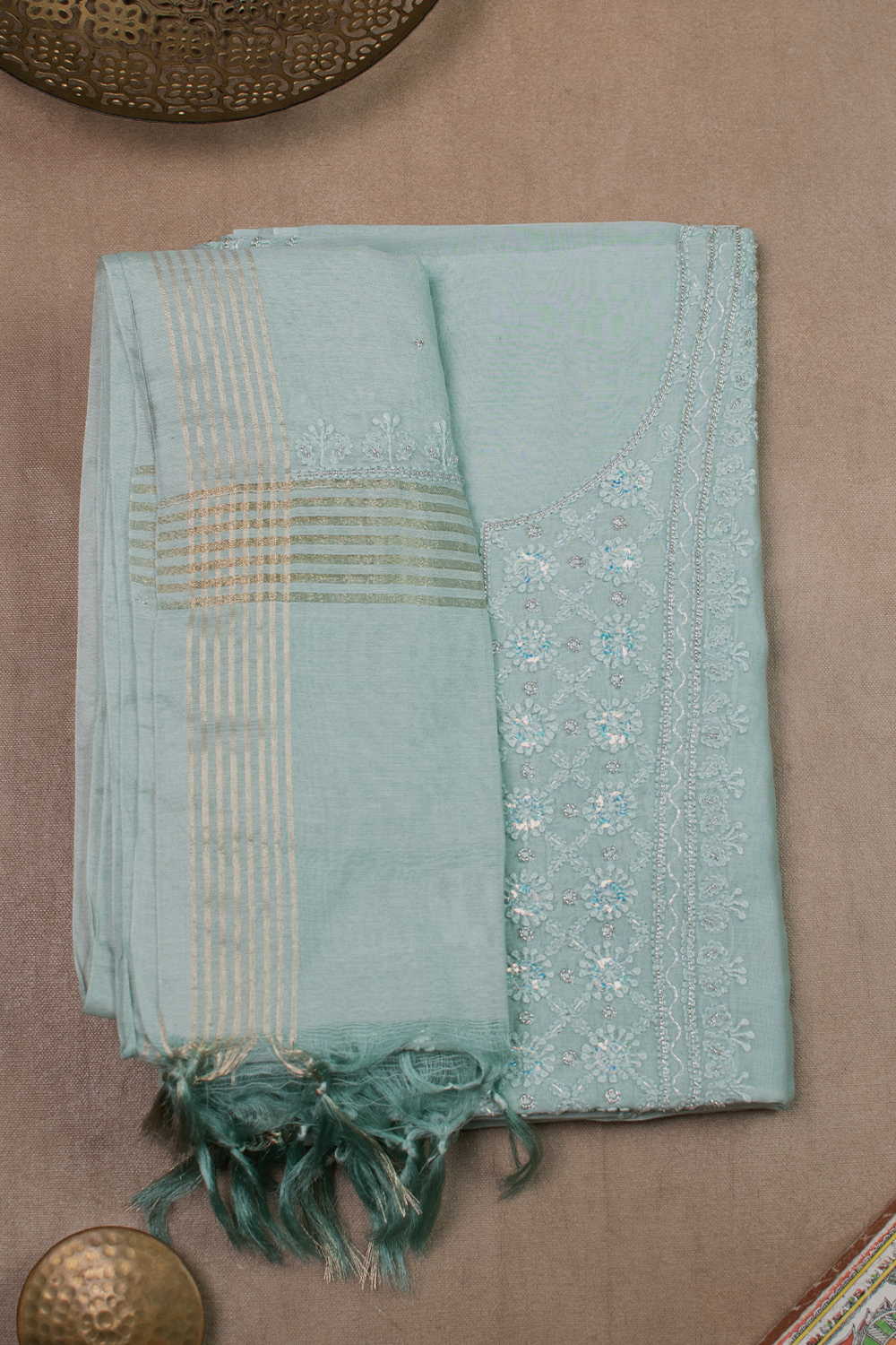 Soft Green Beads Work Mul Chanderi Top & Dupatta