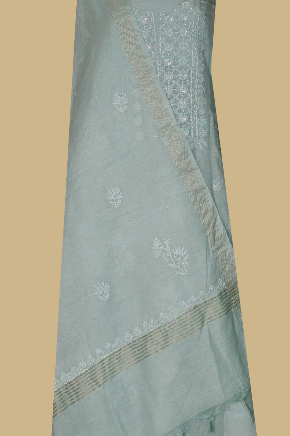 Soft Green Beads Work Mul Chanderi Top & Dupatta - Image 2