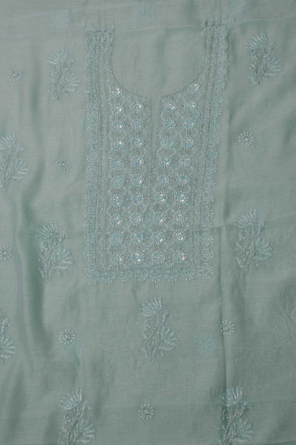 Soft Green Beads Work Mul Chanderi Top & Dupatta - Image 4