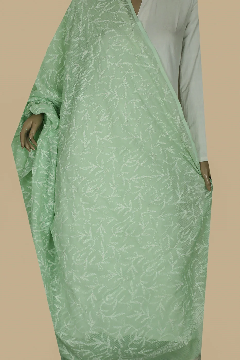 Pale Green Chikankari Kota Cotton Dupatta