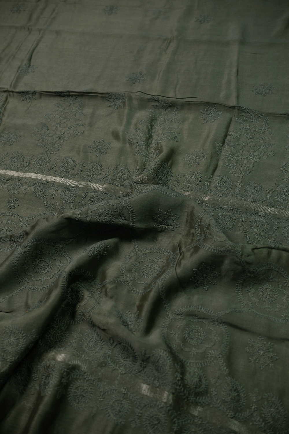 Moss Green Chikankari Chanderi Silk Cotton saree - Image 3