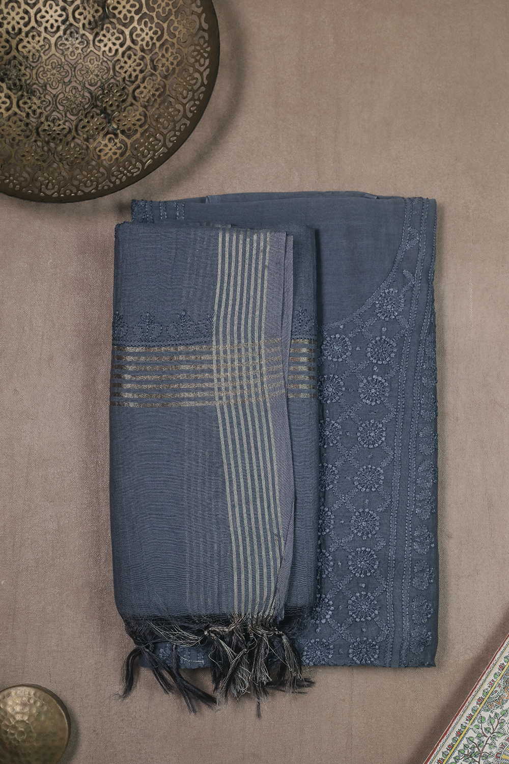 Graphite Grey Chanderi Silk Cotton Top and Dupatta