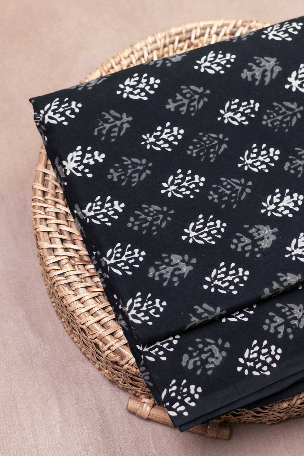 Cream & Grey Motifs Dabu Cotton Fabric-0.5 m