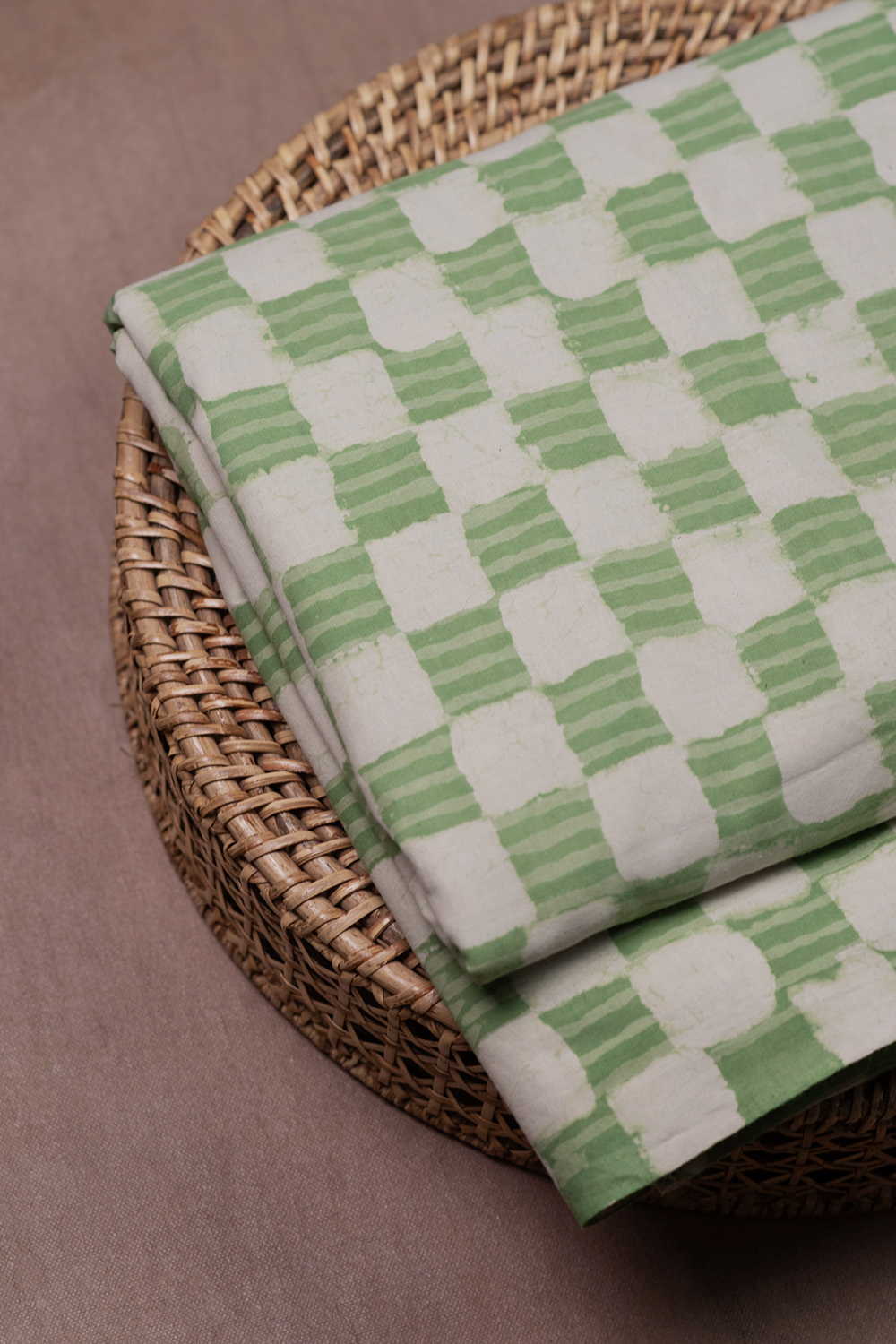 Green Geometric Check Dabu Cotton Fabric