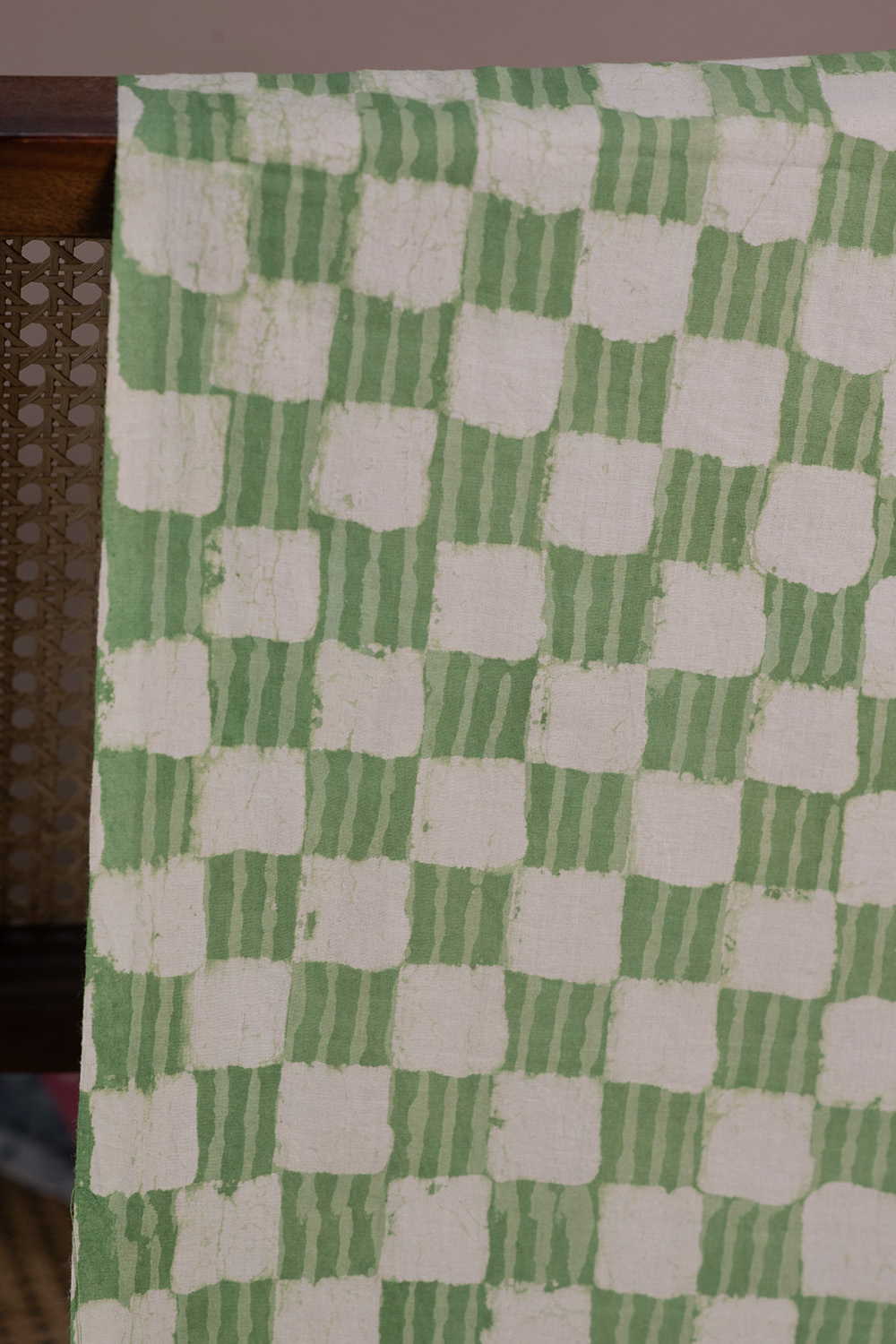 Green Geometric Check Dabu Cotton Fabric - Image 3