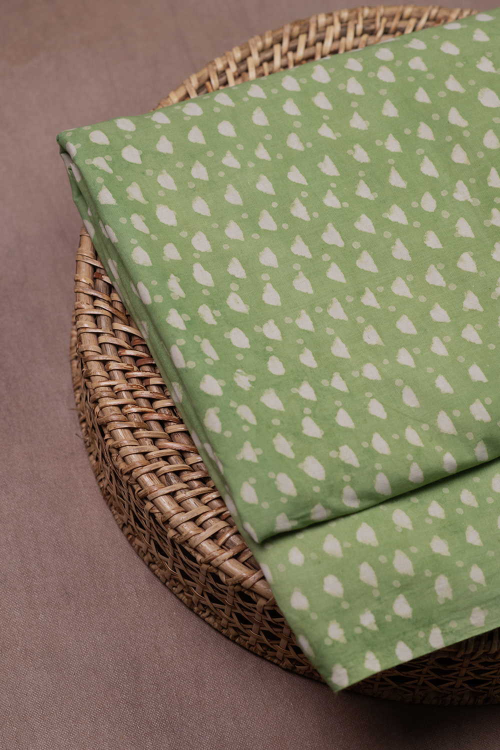 Cream Pattern - Green Dabu Cotton Fabric - Image 2