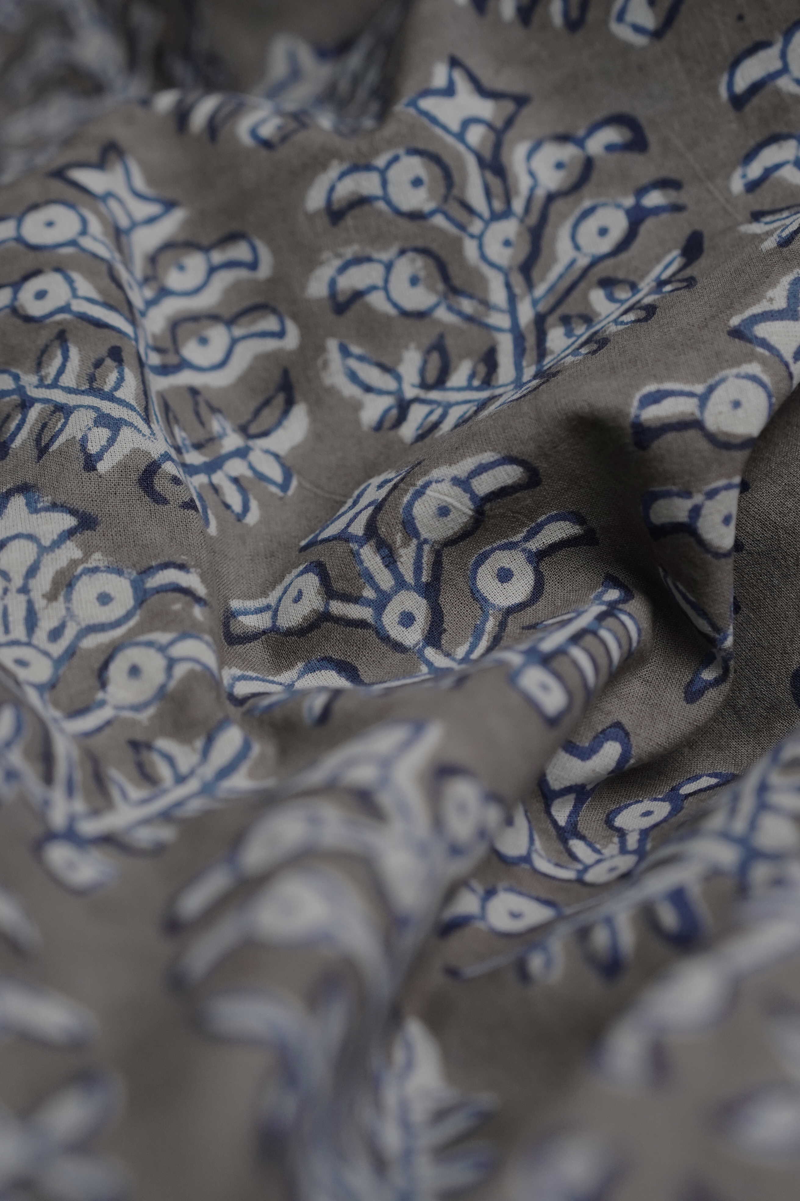 Grey with Floral Motifs Dabu Cotton Fabric - 1m - Image 3
