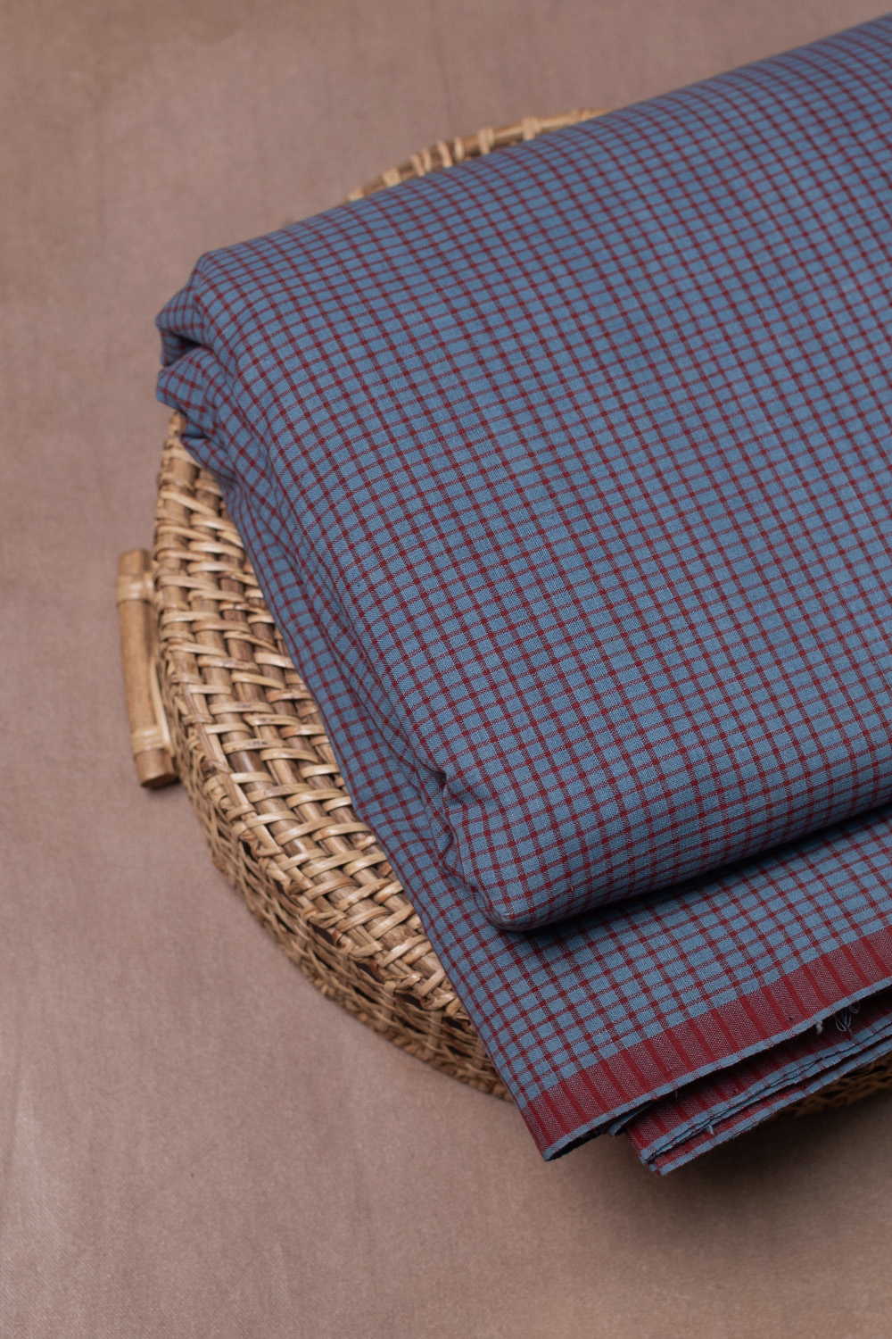 Blue with Maroon Checks Handspun Cotton Fabric - Image 3