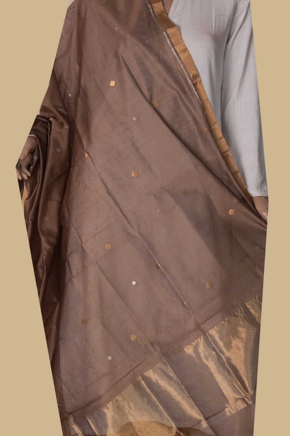 Zari Buttas on Brown Chanderi Silk Cotton Dupatta - Image 2
