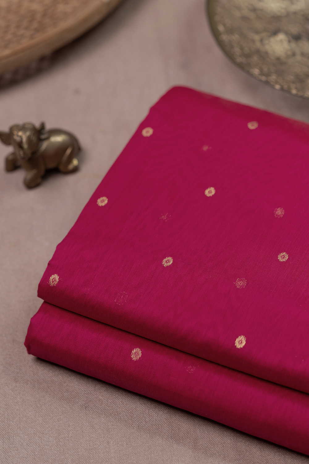 Dark Pink with Gold Zari Butti Chanderi Silk Cotton Fabric