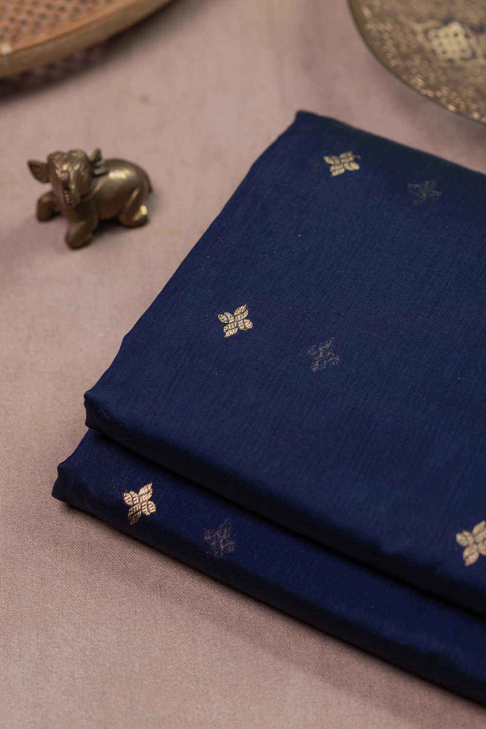 Deep Blue with Zari Buttas Chanderi Silk Cotton Fabric