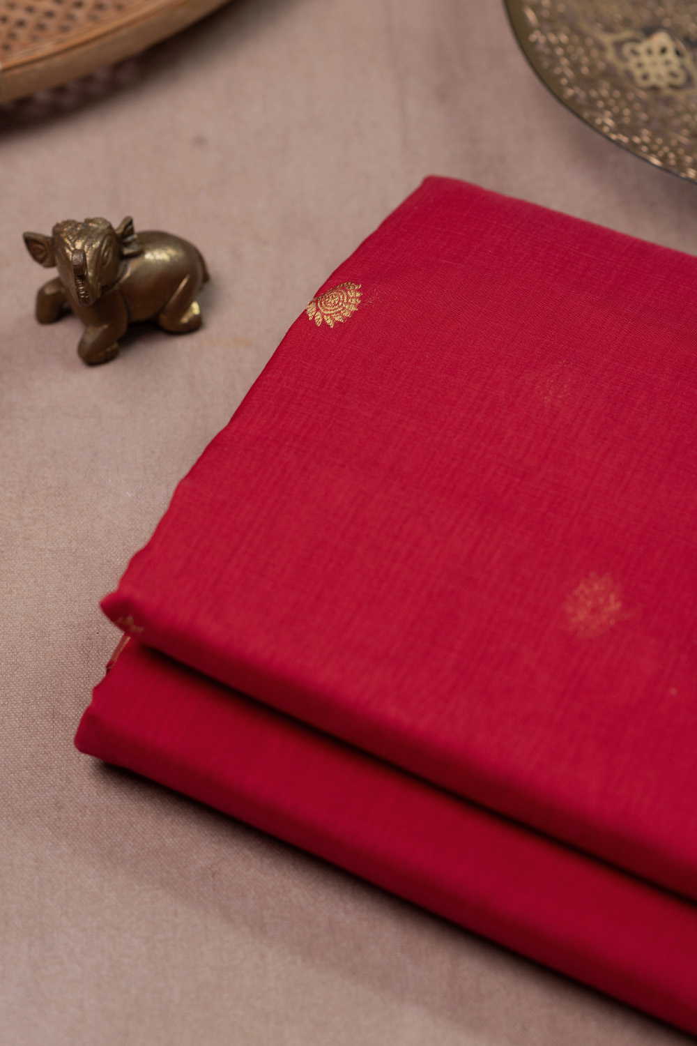 Kumkum Red with Zari Butta Chanderi Silk Cotton Fabric
