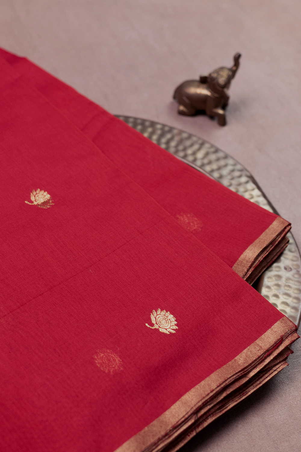 Kumkum Red with Zari Butta Chanderi Silk Cotton Fabric - Image 2