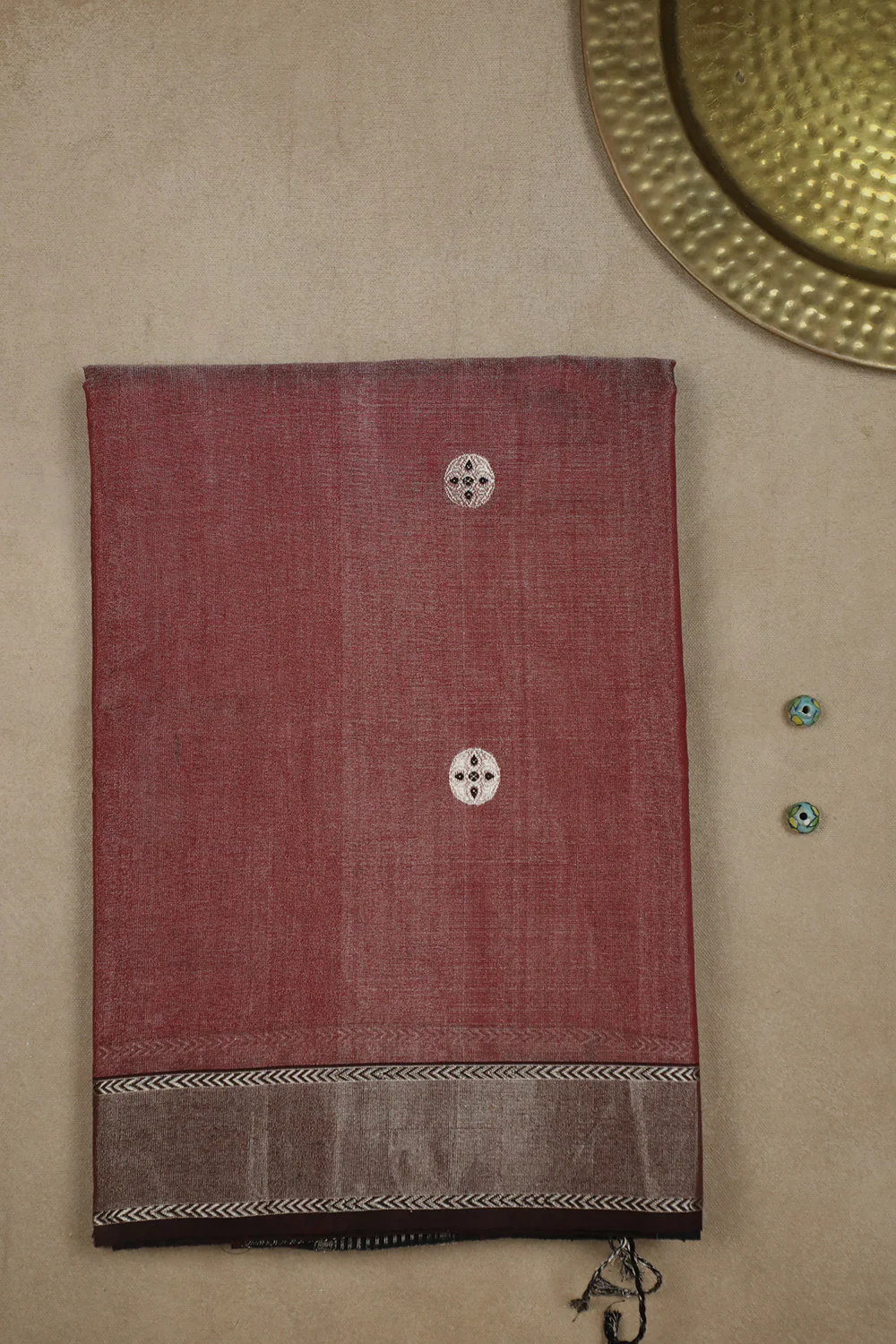 Butta on Glitter Maroon Handwoven Tissue Chanderi Saree