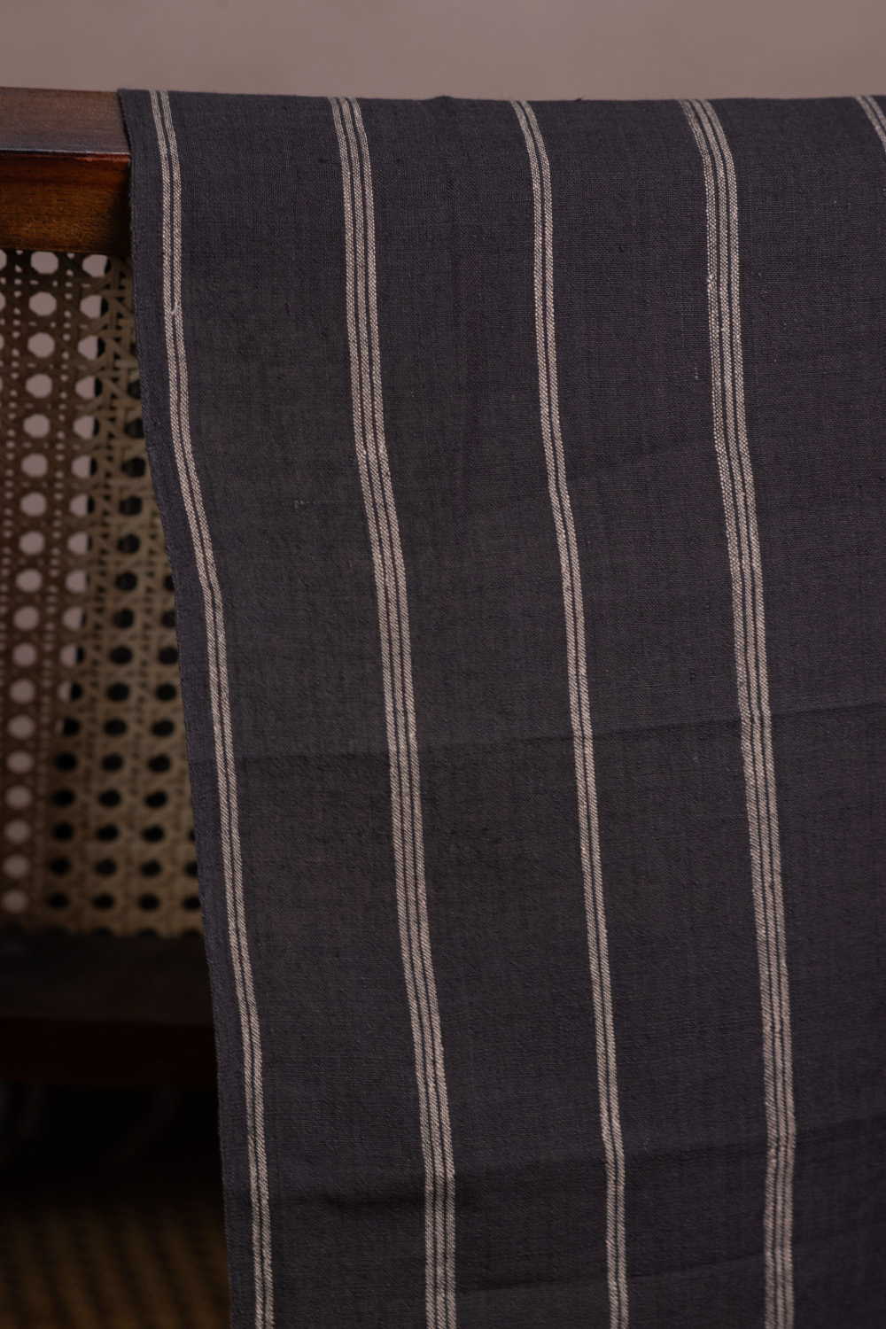 Stripes on Grey Handwoven Linen Fabric - Image 2