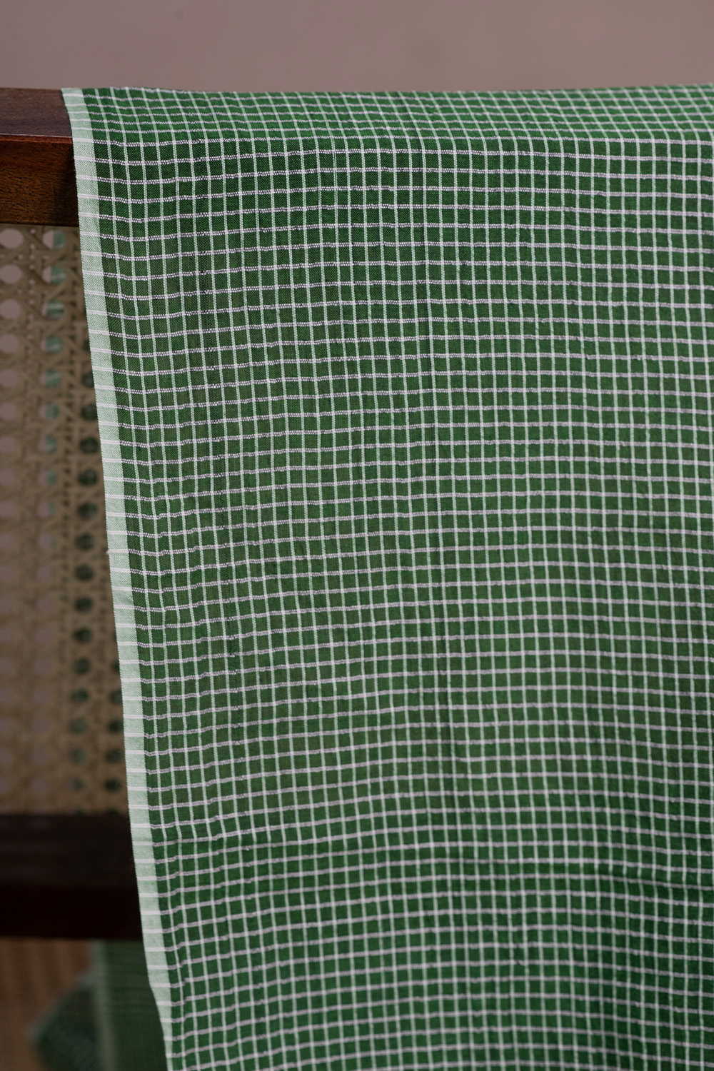 Leaf Green with Tiny Checks Handwoven Cotton Fabric - Image 3