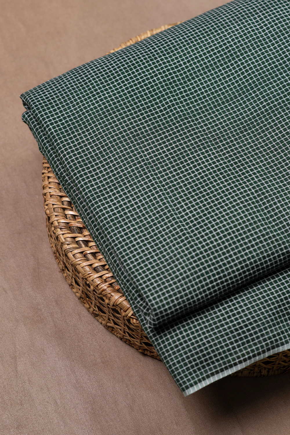 Checks on Bottle Green Handwoven Cotton Fabric