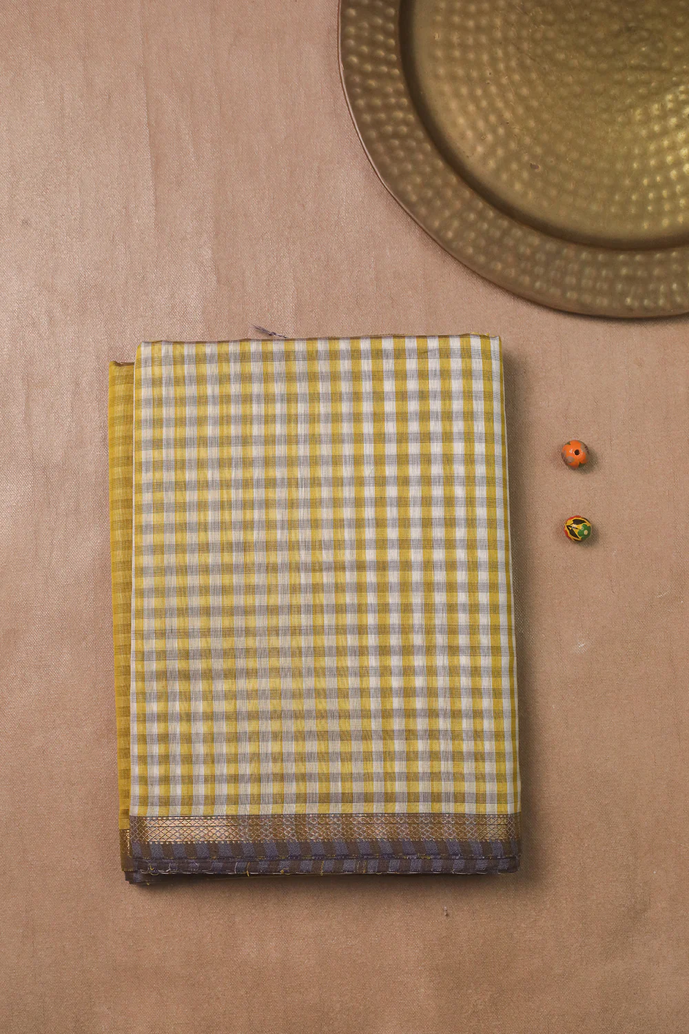 Yellow Checks Maheshwari Silk Cotton saree