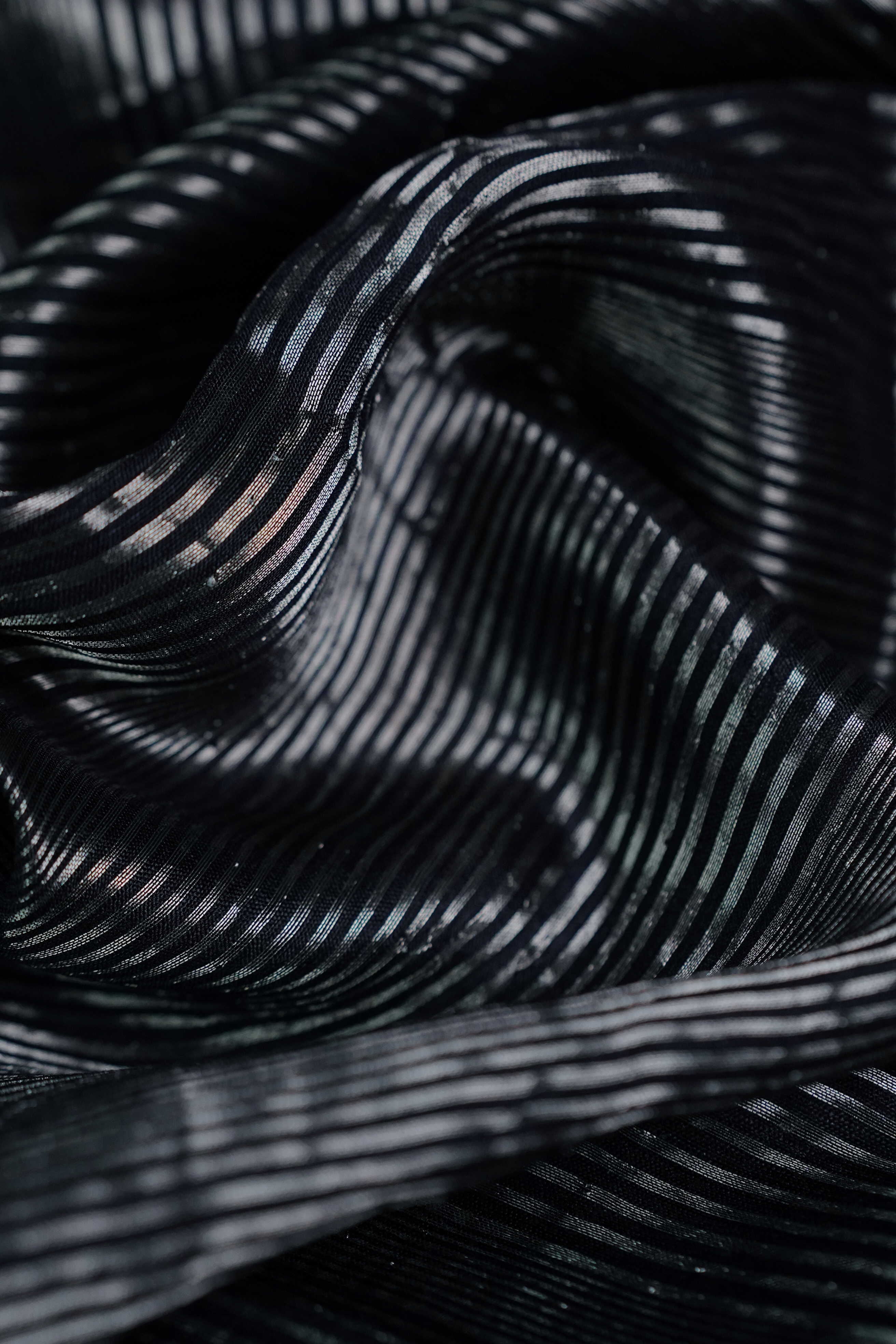 Silver Zari Stripe on Black Handwoven Silk Fabric - Image 3