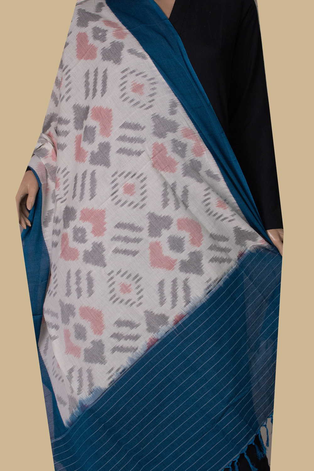 Heart Motifs on Cream Ikat Cotton Dupatta - Image 2