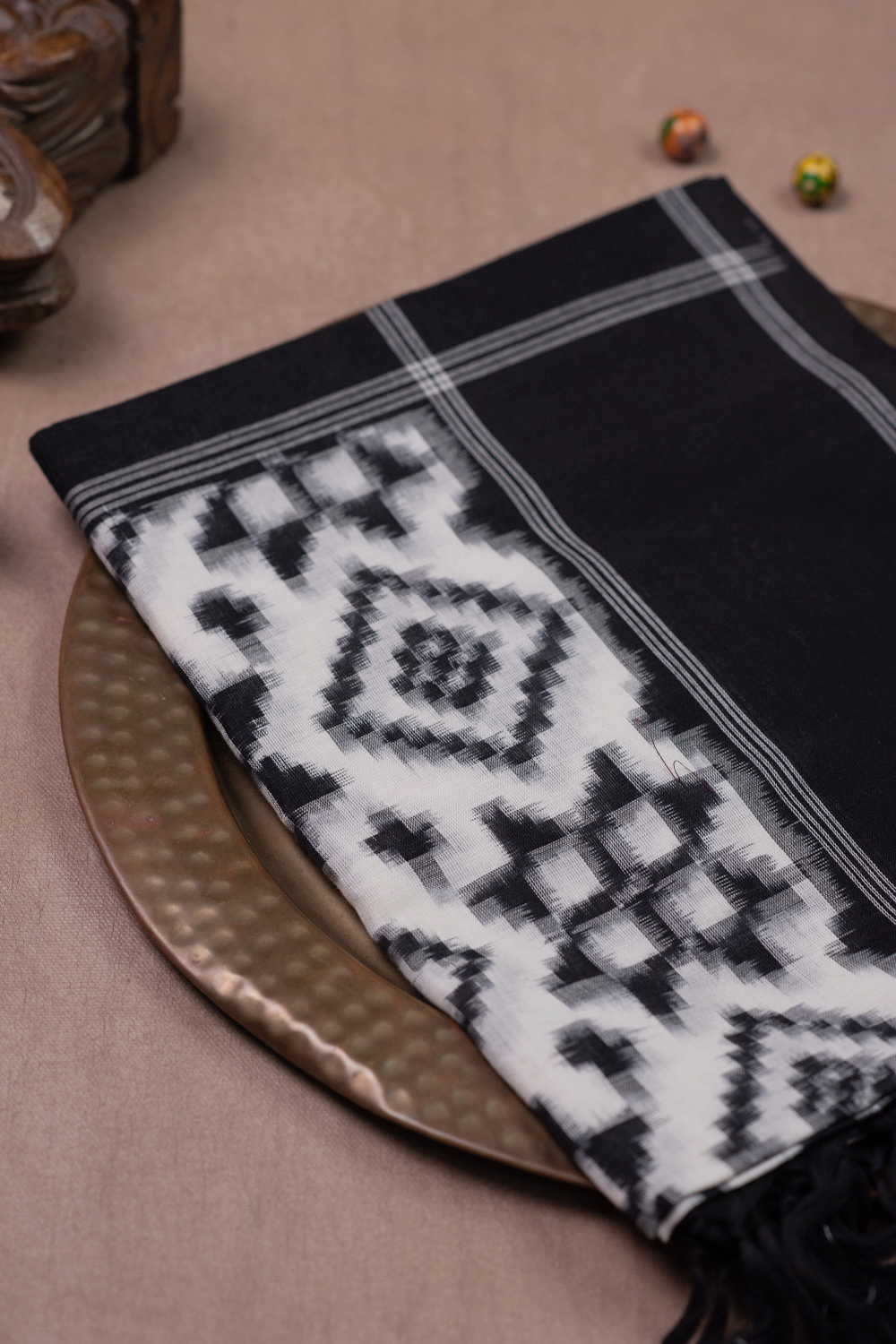 Cream with Black Border Telia Rumal Ikat Cotton Dupatta