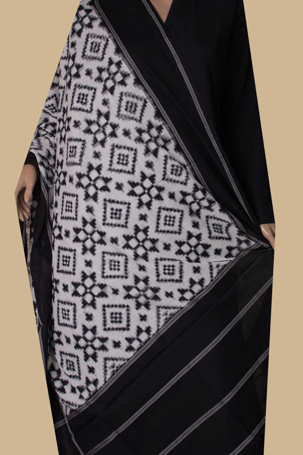 Cream with Black Border Telia Rumal Ikat Cotton Dupatta - Image 2