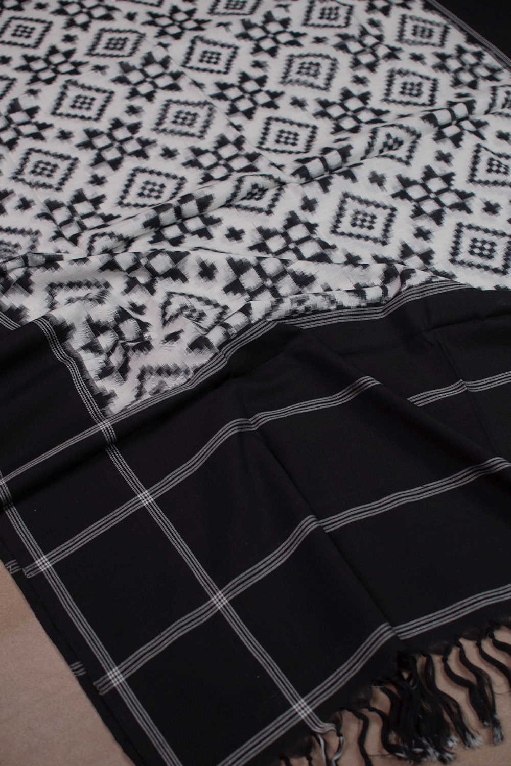Cream with Black Border Telia Rumal Ikat Cotton Dupatta - Image 4