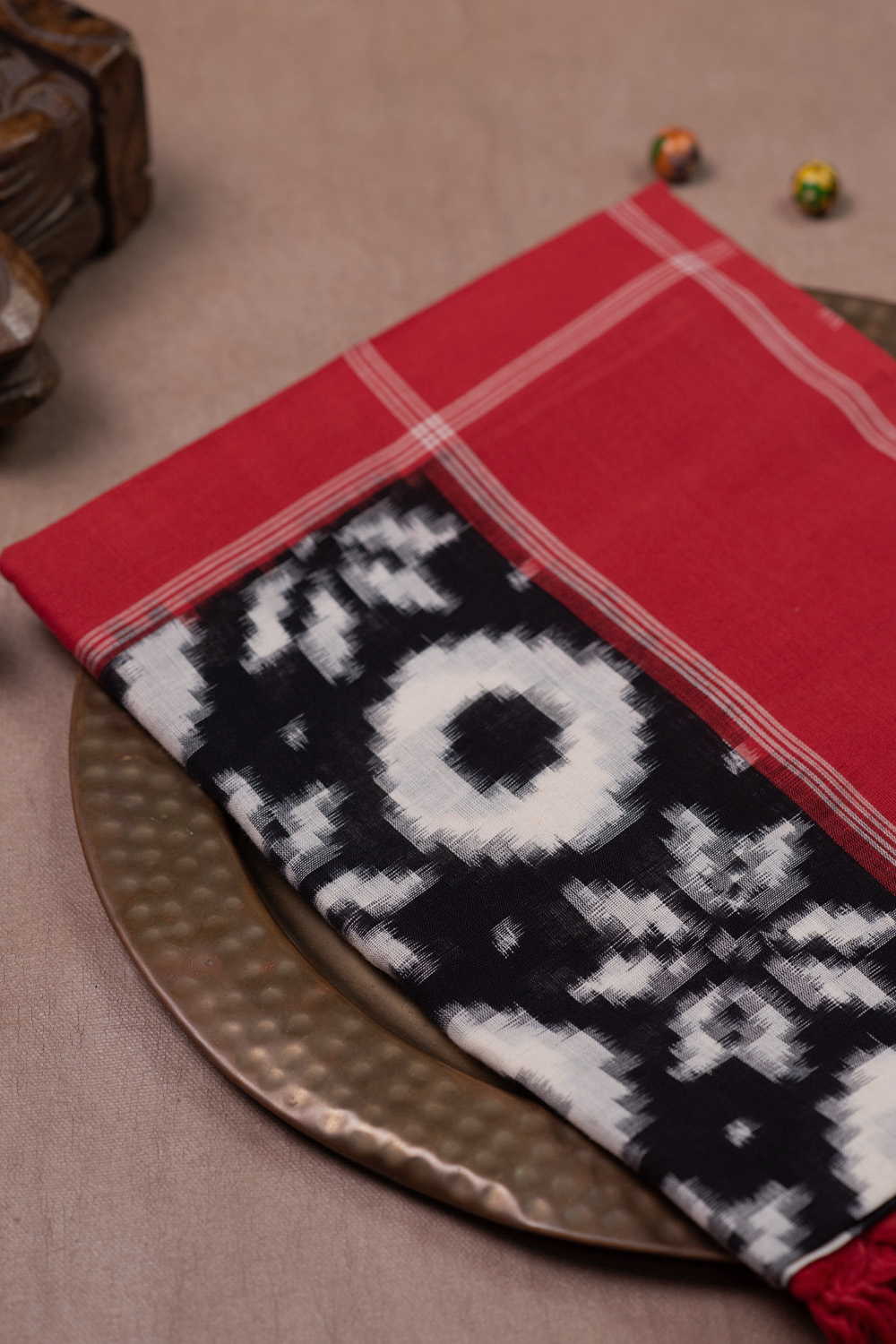 Black with Maroon Border Telia Rumal Ikat Cotton Dupatta