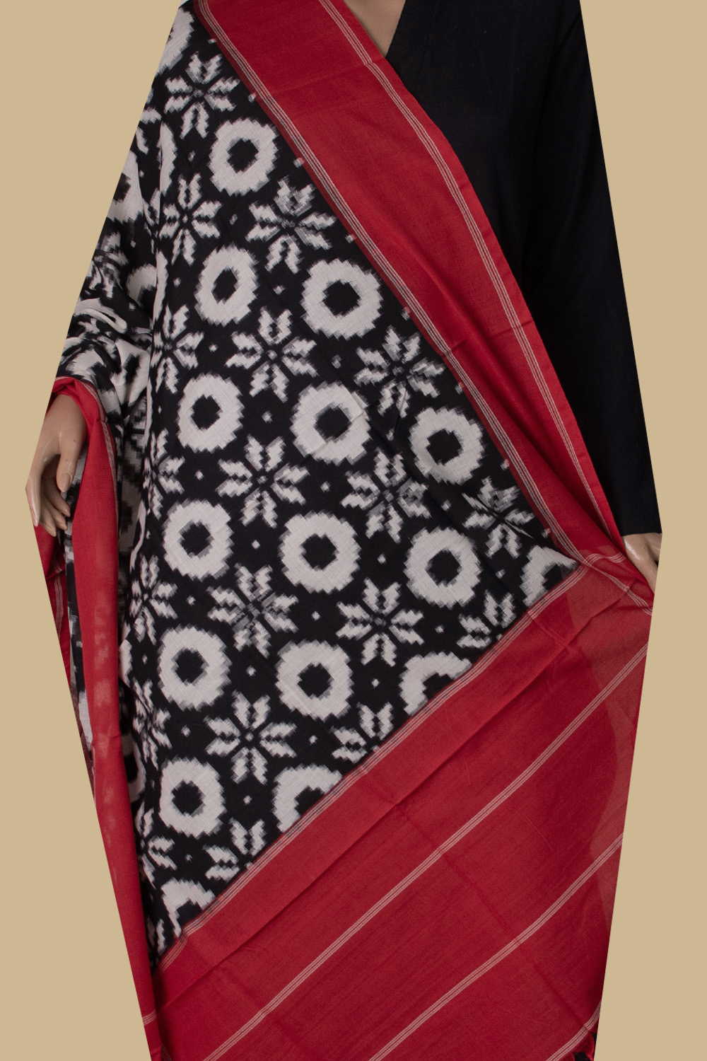 Black with Maroon Border Telia Rumal Ikat Cotton Dupatta - Image 2