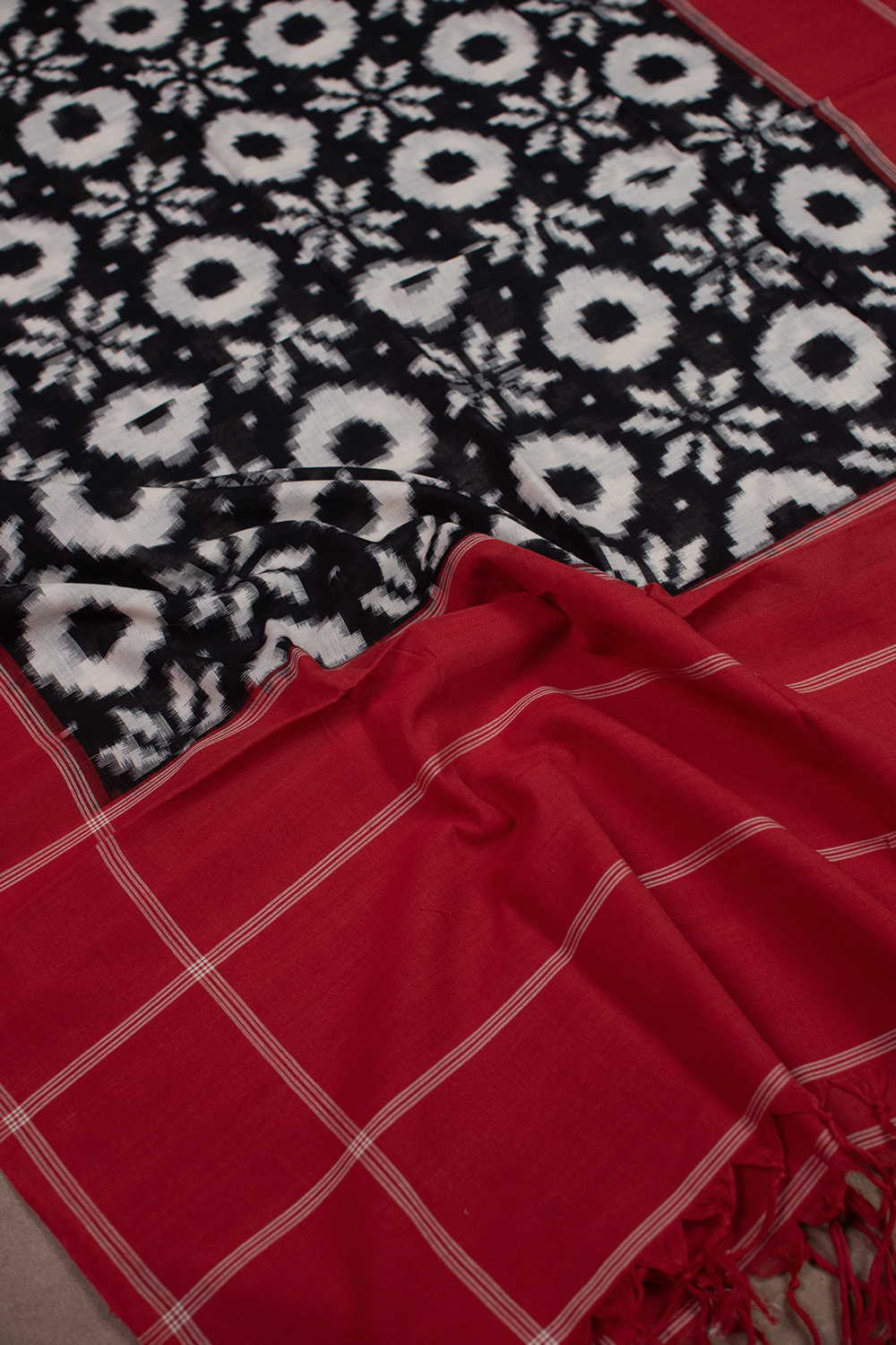 Black with Maroon Border Telia Rumal Ikat Cotton Dupatta - Image 4