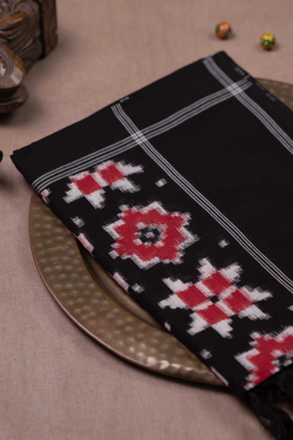 Black with Maroon Pattern Telia Rumal Ikat Cotton Dupatta