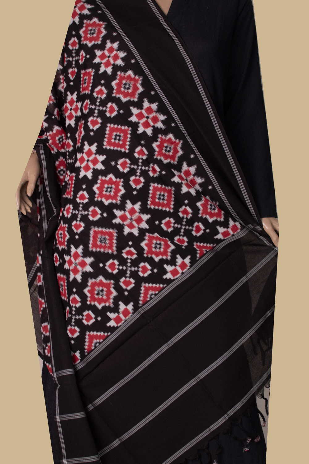 Black with Maroon Pattern Telia Rumal Ikat Cotton Dupatta - Image 2
