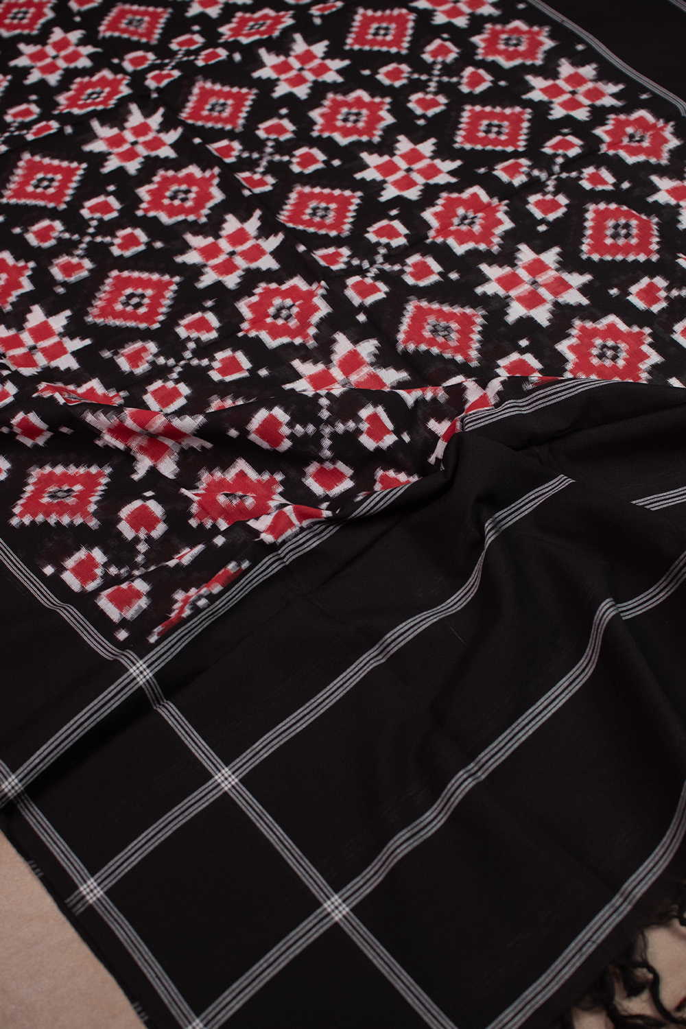 Black with Maroon Pattern Telia Rumal Ikat Cotton Dupatta - Image 4