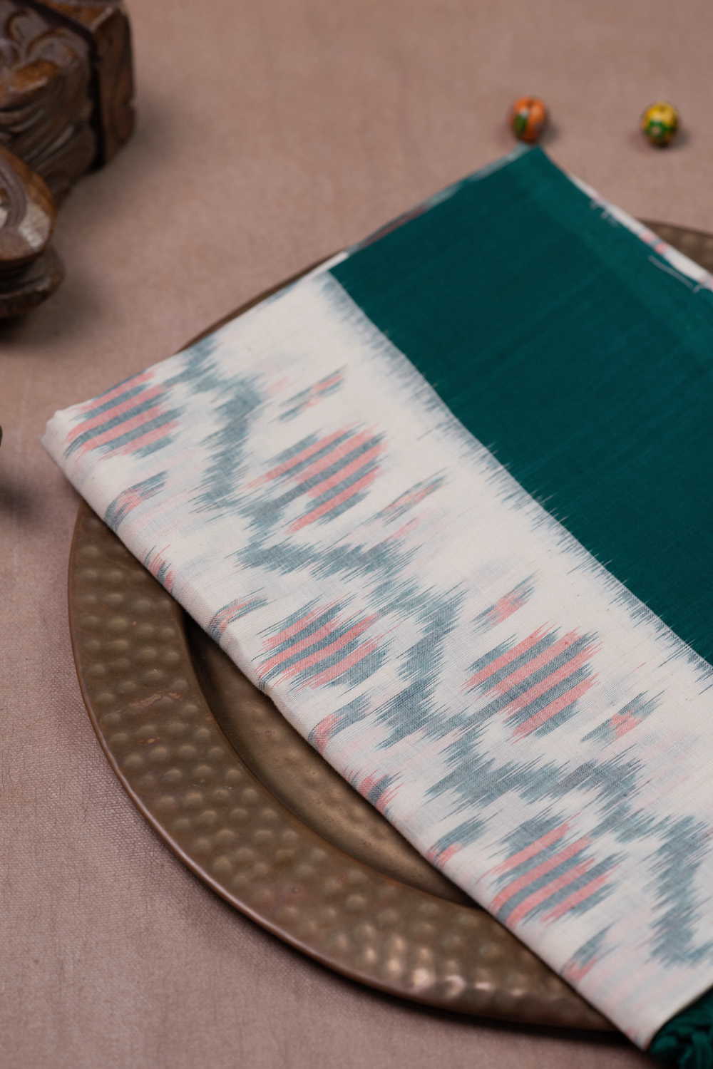 Cream with Green Border Ikat Cotton Dupatta