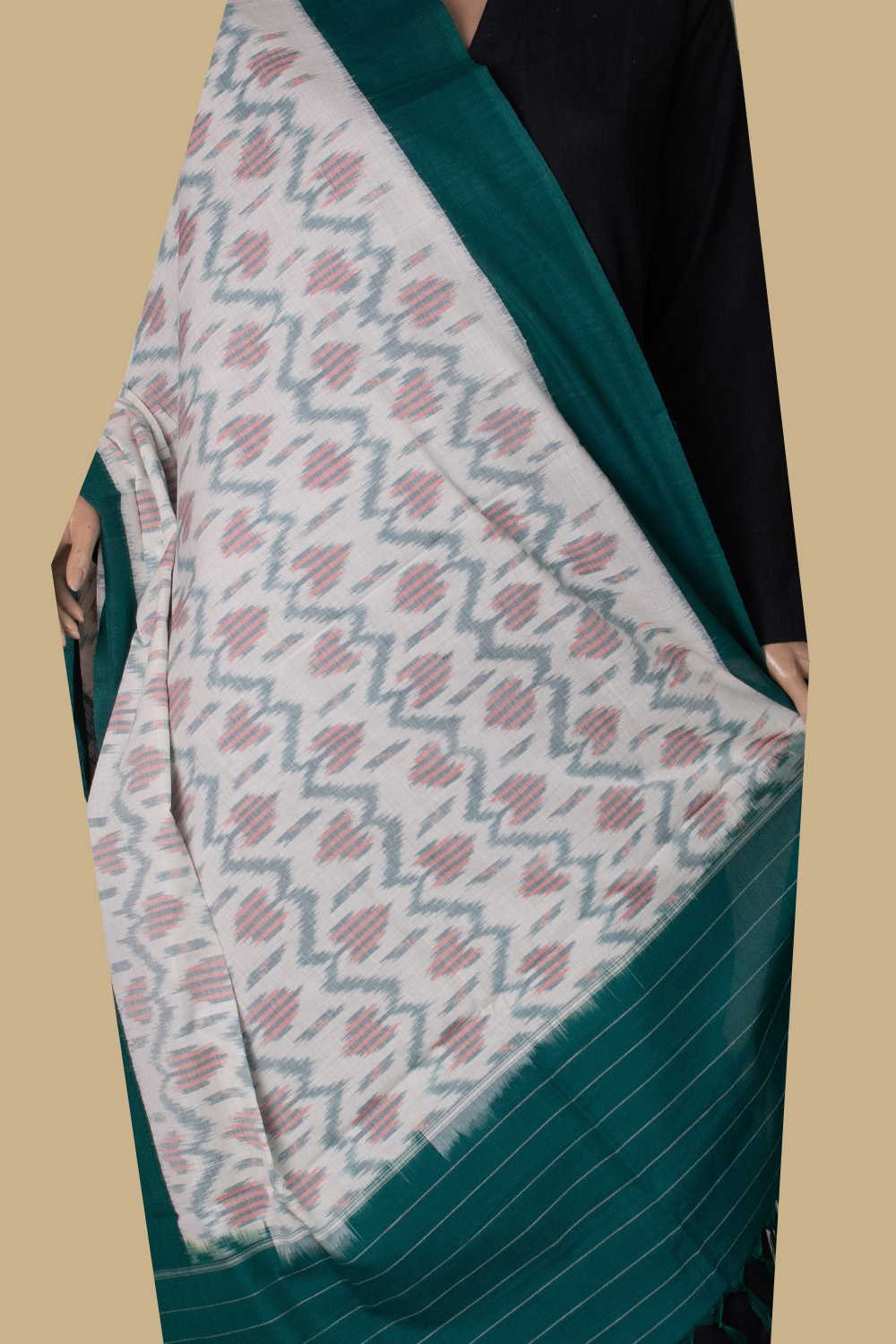 Cream with Green Border Ikat Cotton Dupatta - Image 2