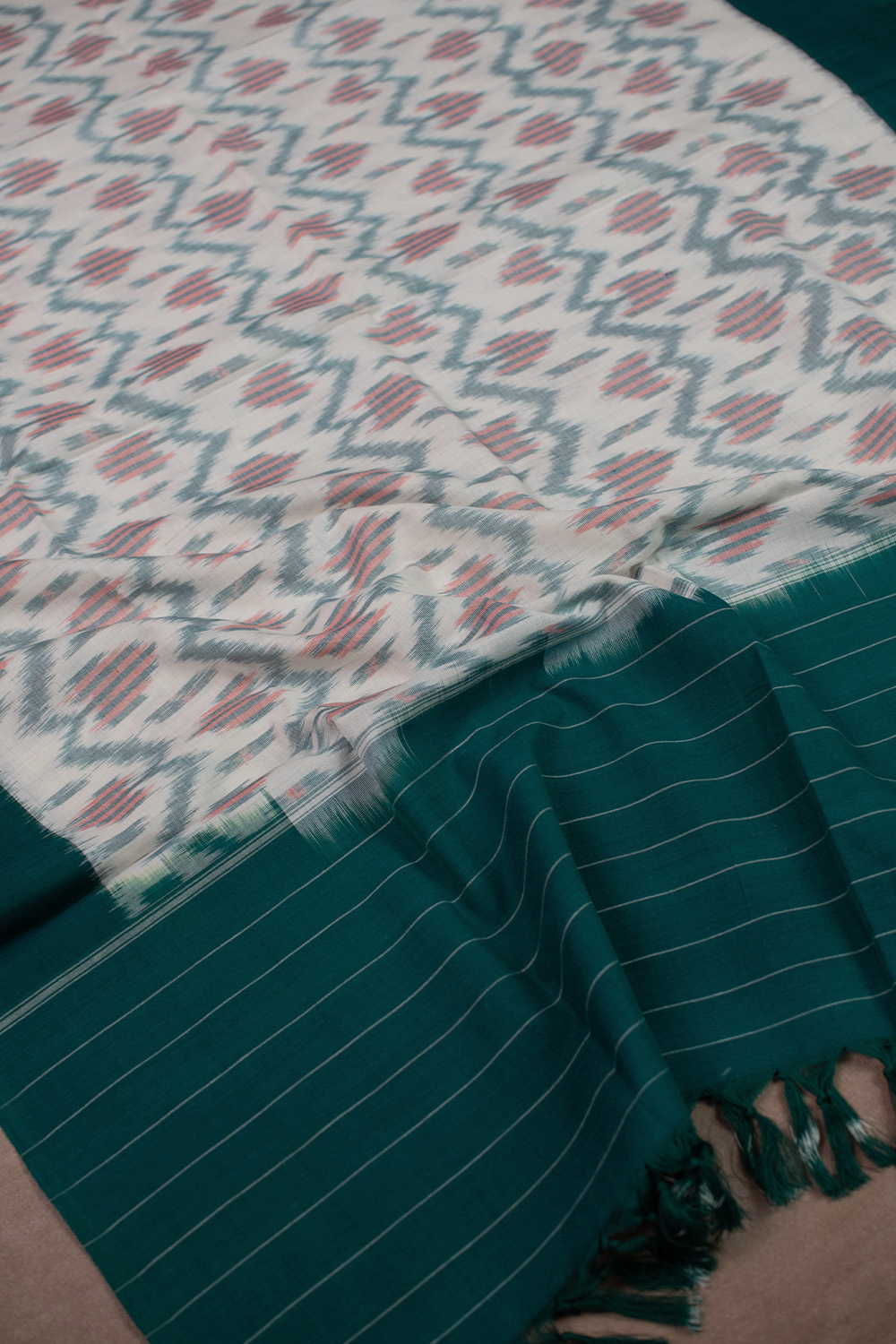 Cream with Green Border Ikat Cotton Dupatta - Image 4